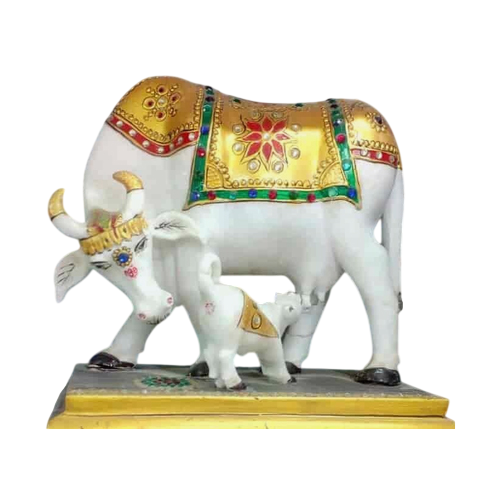 Marble Cow Statue - Color: White With Multicolor Detailed Painting