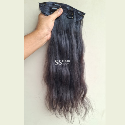 Clip On Hair Extensions Black Straight Real Indian Human Hair for Women 3pc 150gm
