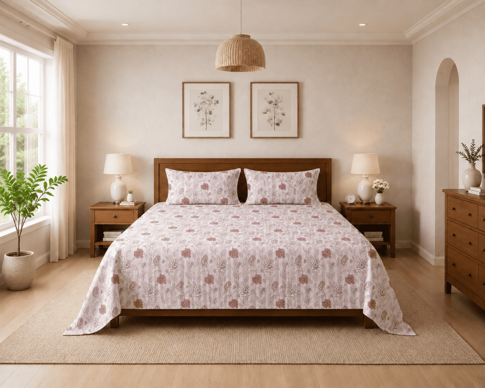 Floral | Double Bedsheet with 2 Pillow Covers | 90INCH X 100 INCH