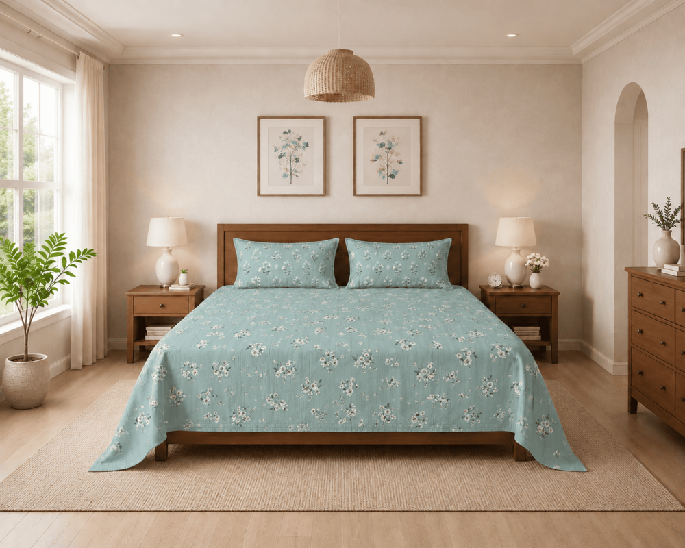 Floral | Double Bedsheet With 2 Pillow Covers | 90inch X 100 Inch - Color: Blue