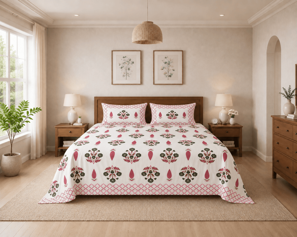 MERAVI | Block | Pure Cotton | Queen Size Bedsheet with 2 Pillow Covers | 100 INCH X 108 INCH