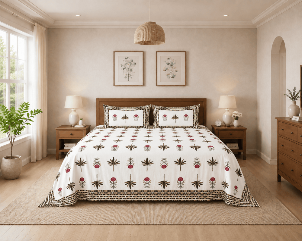 MERAVI | Block | Pure Cotton | Queen Size Bedsheet with 2 Pillow Covers | 100 INCH X 108 INCH