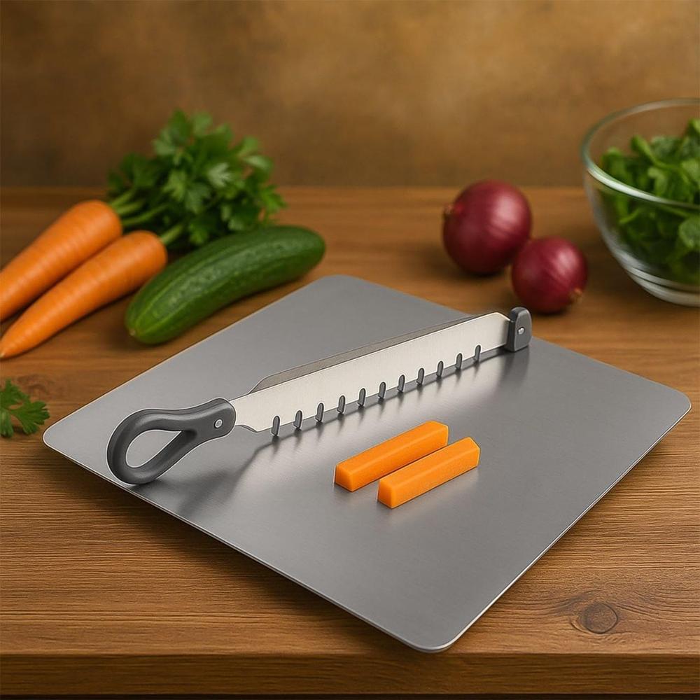2 In 1 Stainless Steel Cutting Board With Attached Guillotine Slicer Knife - Color: Silver