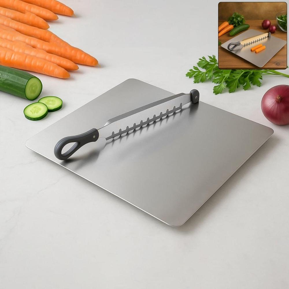 2 in 1 Stainless Steel Cutting Board with Attached Guillotine Slicer Knife
