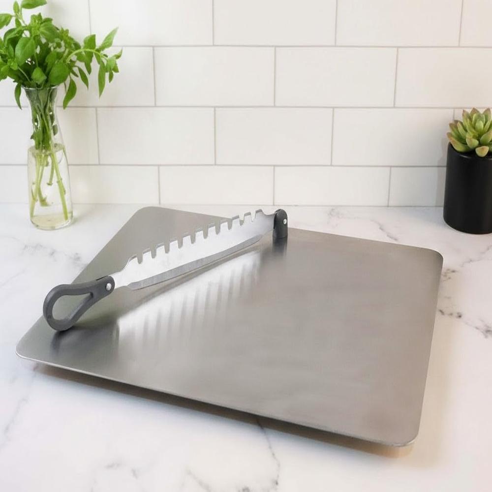 2 in 1 Stainless Steel Cutting Board with Attached Guillotine Slicer Knife