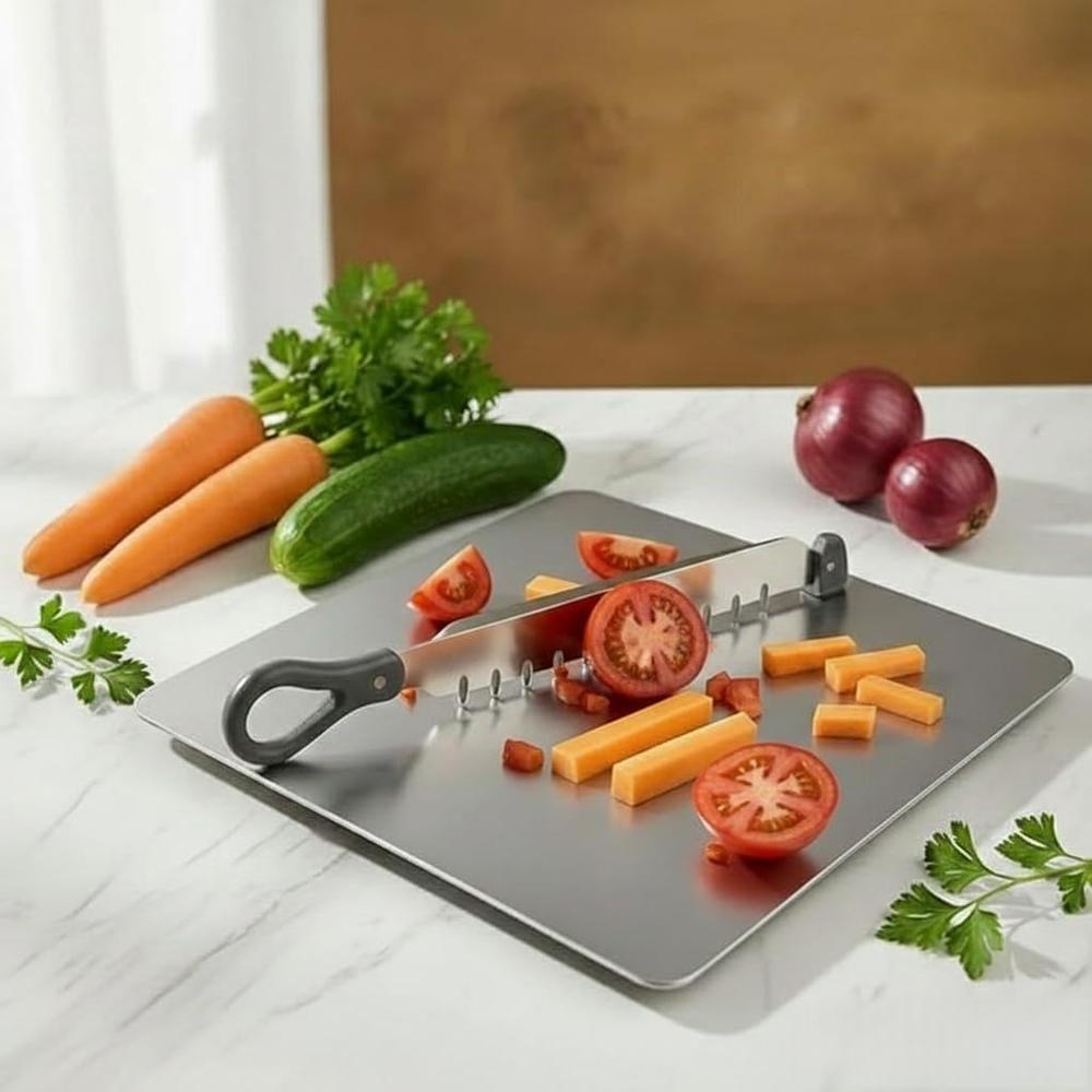 2 in 1 Stainless Steel Cutting Board with Attached Guillotine Slicer Knife