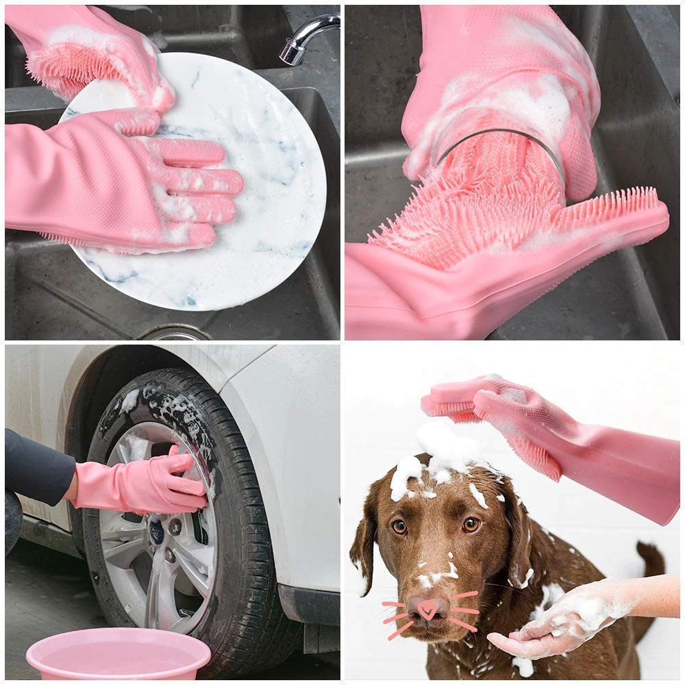 Magic Silicone Dishwashing Gloves Reusable Scrubber Cleaning Gloves for Kitchen And Bathroom