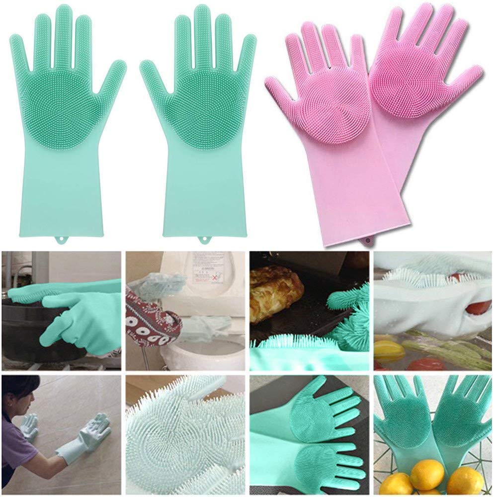 Magic Silicone Dishwashing Gloves Reusable Scrubber Cleaning Gloves for Kitchen And Bathroom