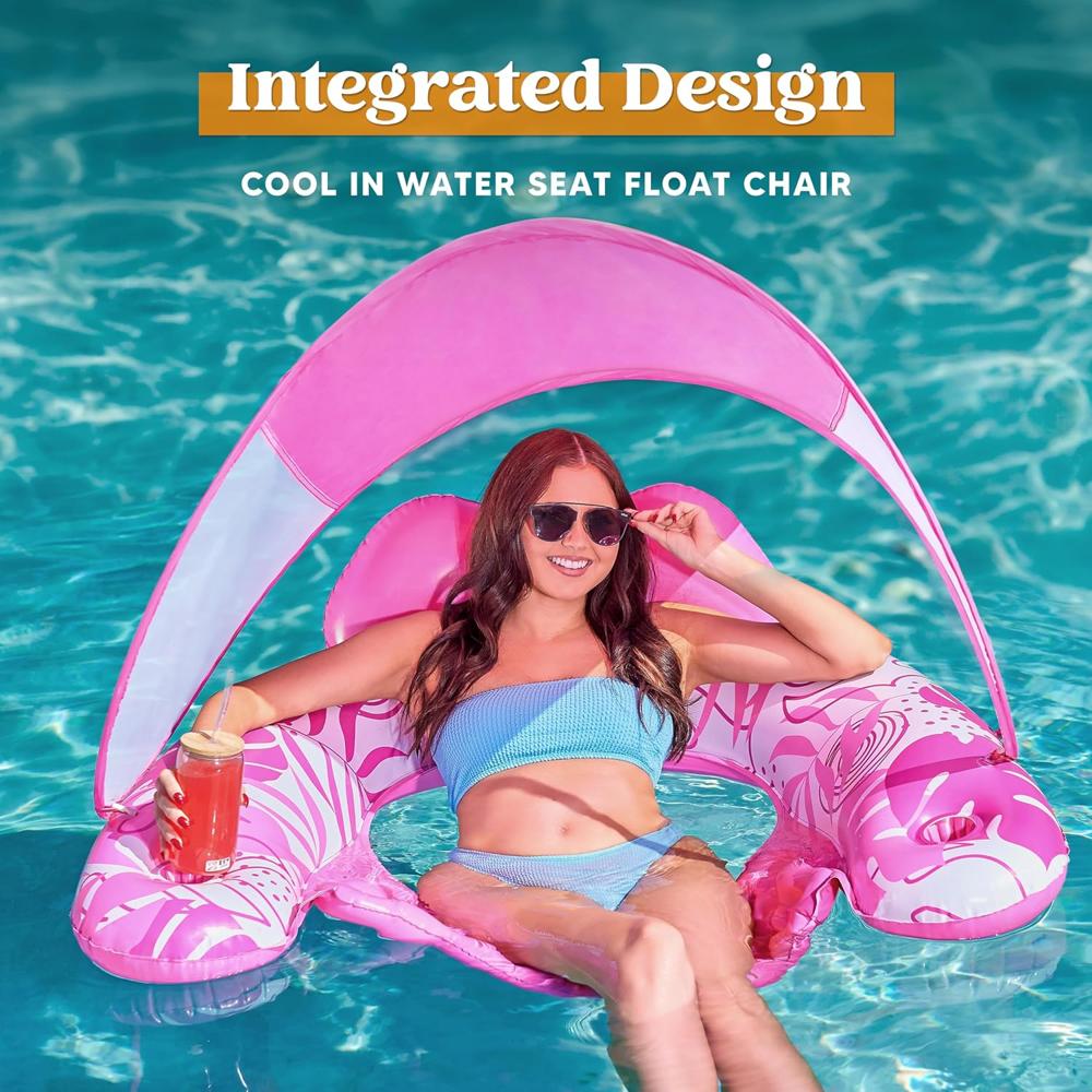 Inflatable Pool Floating Chair With Canopy & Holder For Adults