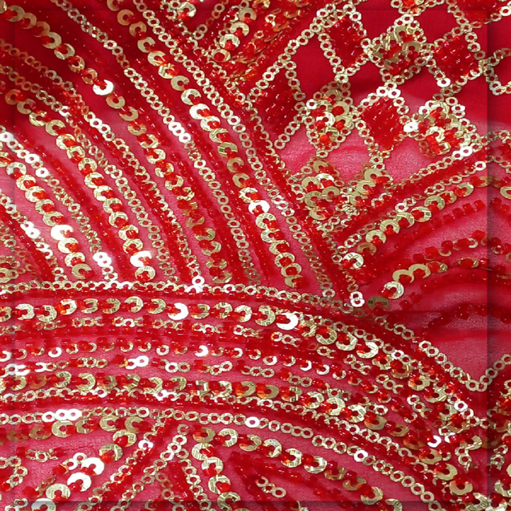 Red Beaded Gold Sequin Bridal Embroidered Georgette Fabric by Fabric Diary