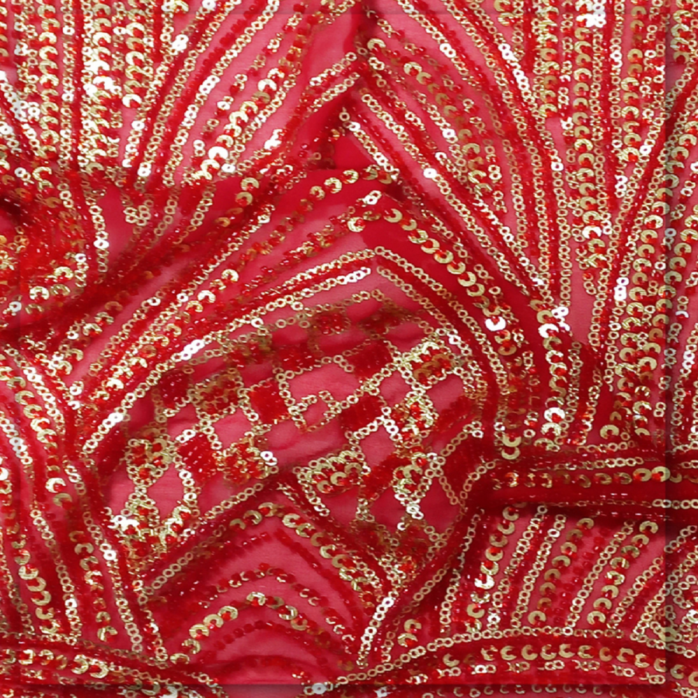 Red Beaded Gold Sequin Bridal Embroidered Georgette Fabric by Fabric Diary