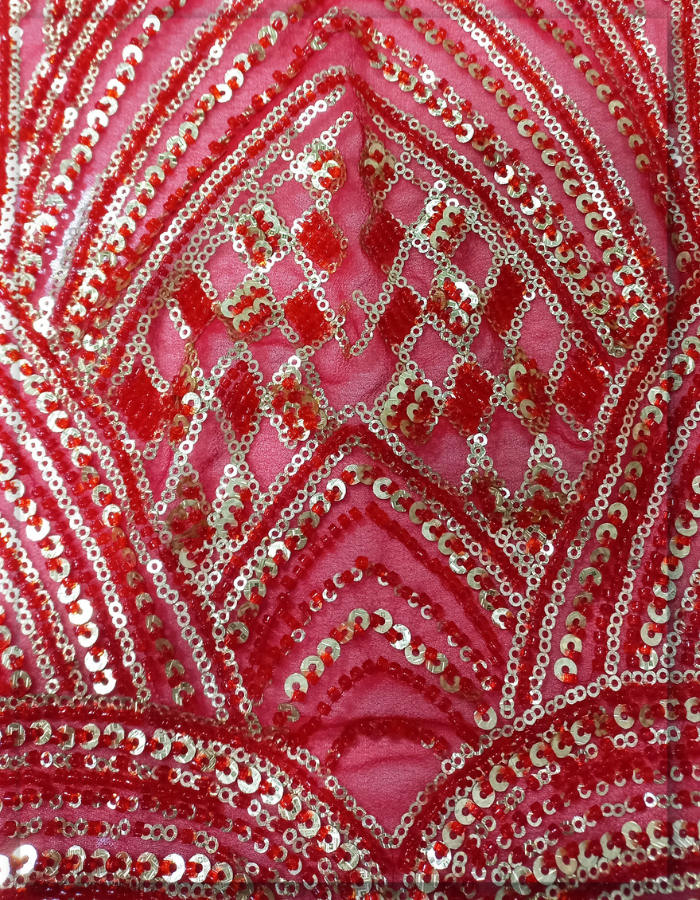Red Beaded Gold Sequin Bridal Embroidered Georgette Fabric by Fabric Diary