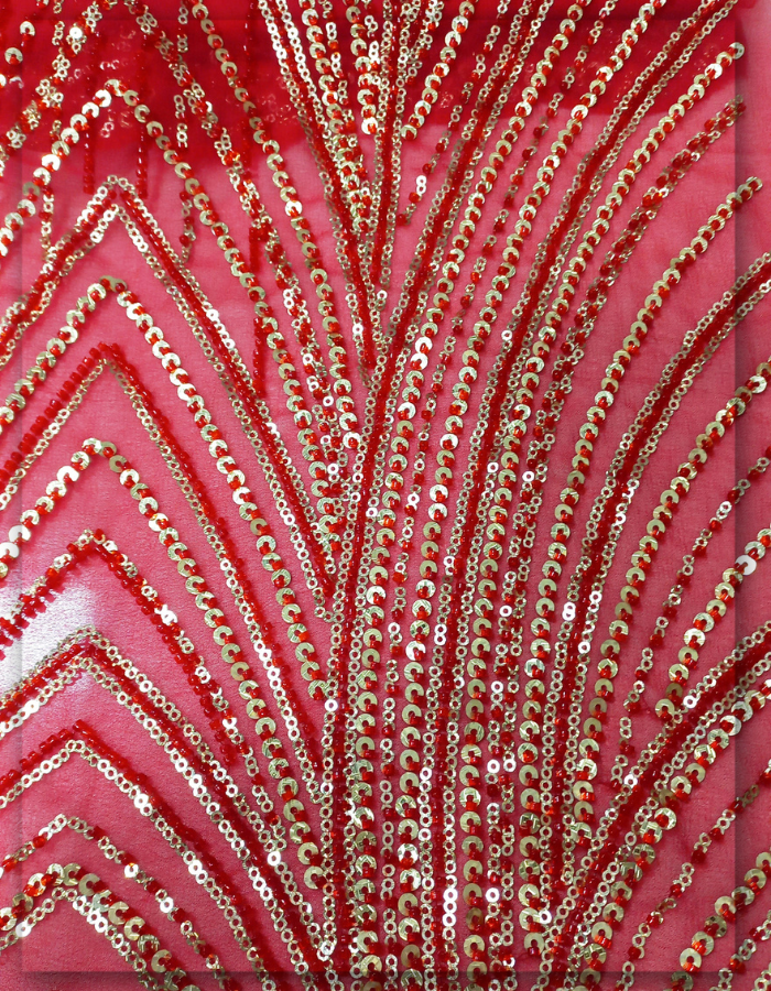 Red Beaded Gold Sequin Bridal Embroidered Georgette Fabric by Fabric Diary
