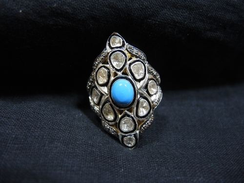 टर्क्वॉइज़ रोज़ कट हीरा अंगूठी