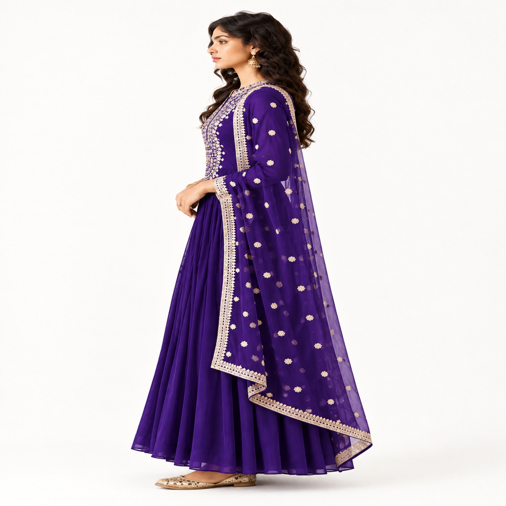 One Piece Mirror Work Anarkali Suit With Belt and Brocade Dupatta