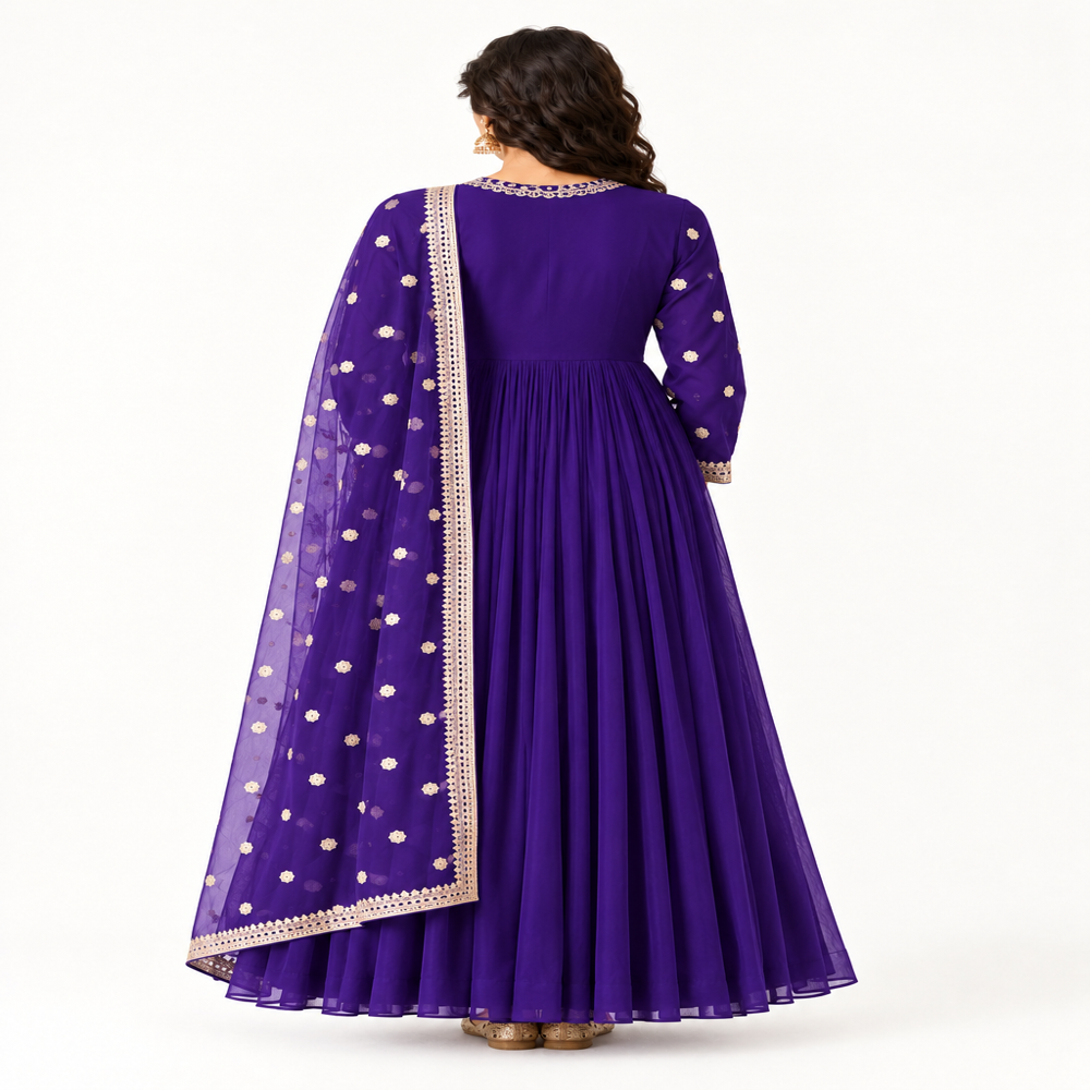 One Piece Mirror Work Anarkali Suit With Belt and Brocade Dupatta