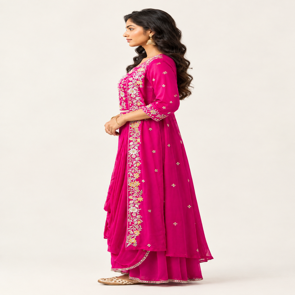 3 Piece Embroidery Work Saree With Jacket Skirt And Blouse