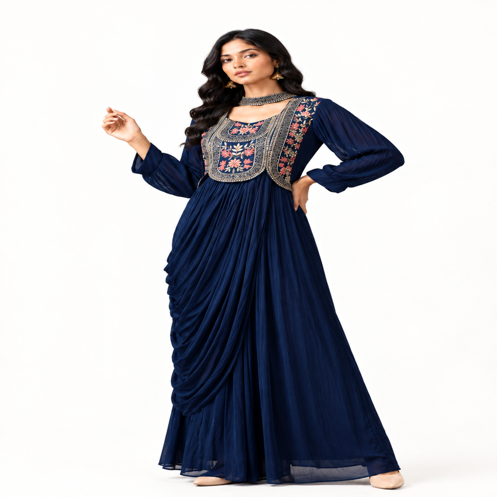 Ladies One Piece Hand Embroidery Draped Gown