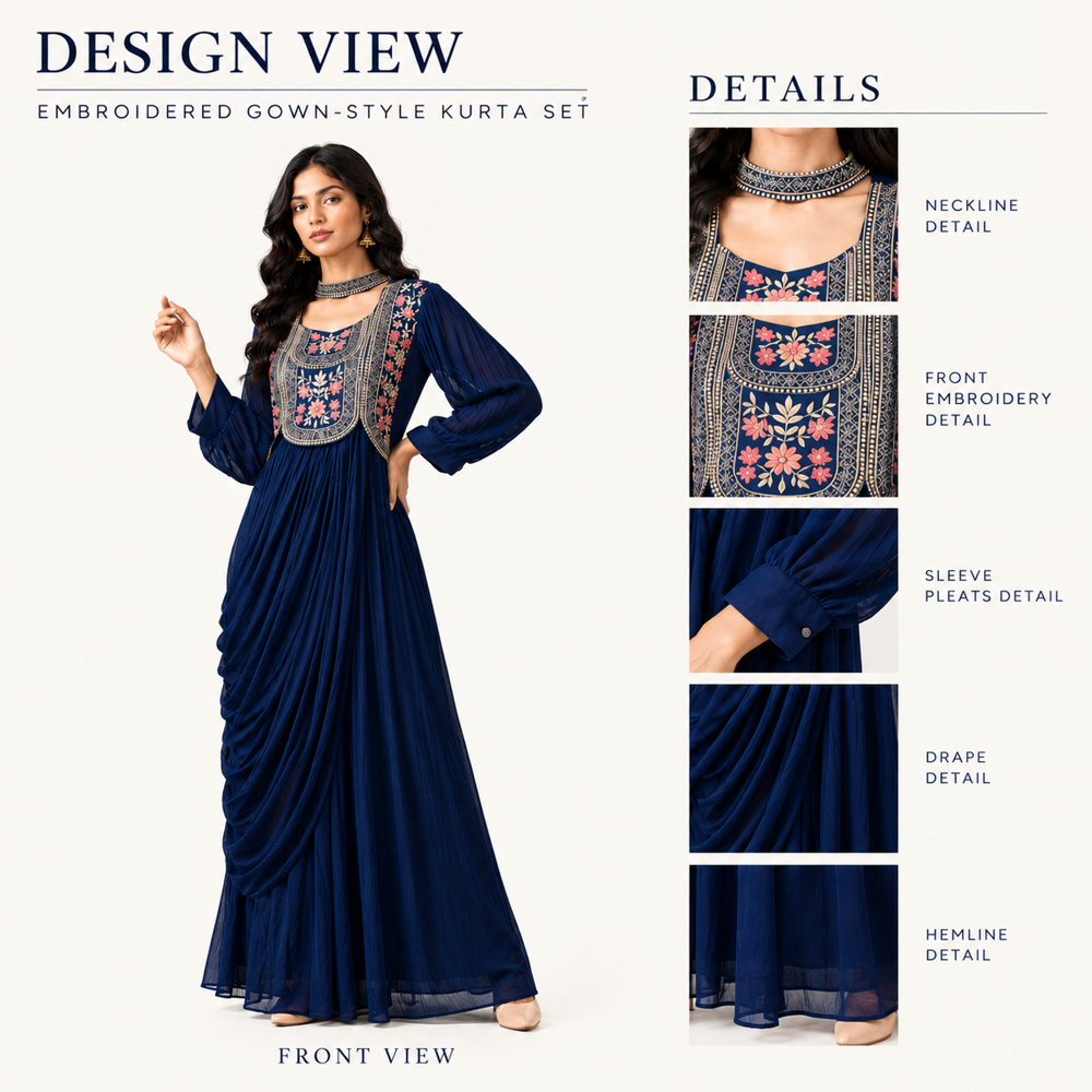 Ladies One Piece Hand Embroidery Draped Gown