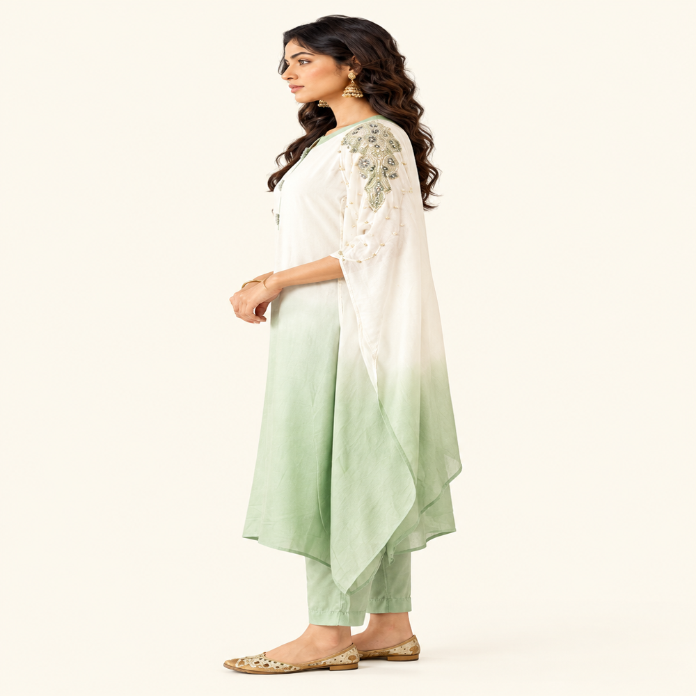 Ladies Sage Green And White Elegant Bead Work Kaftan With Pant