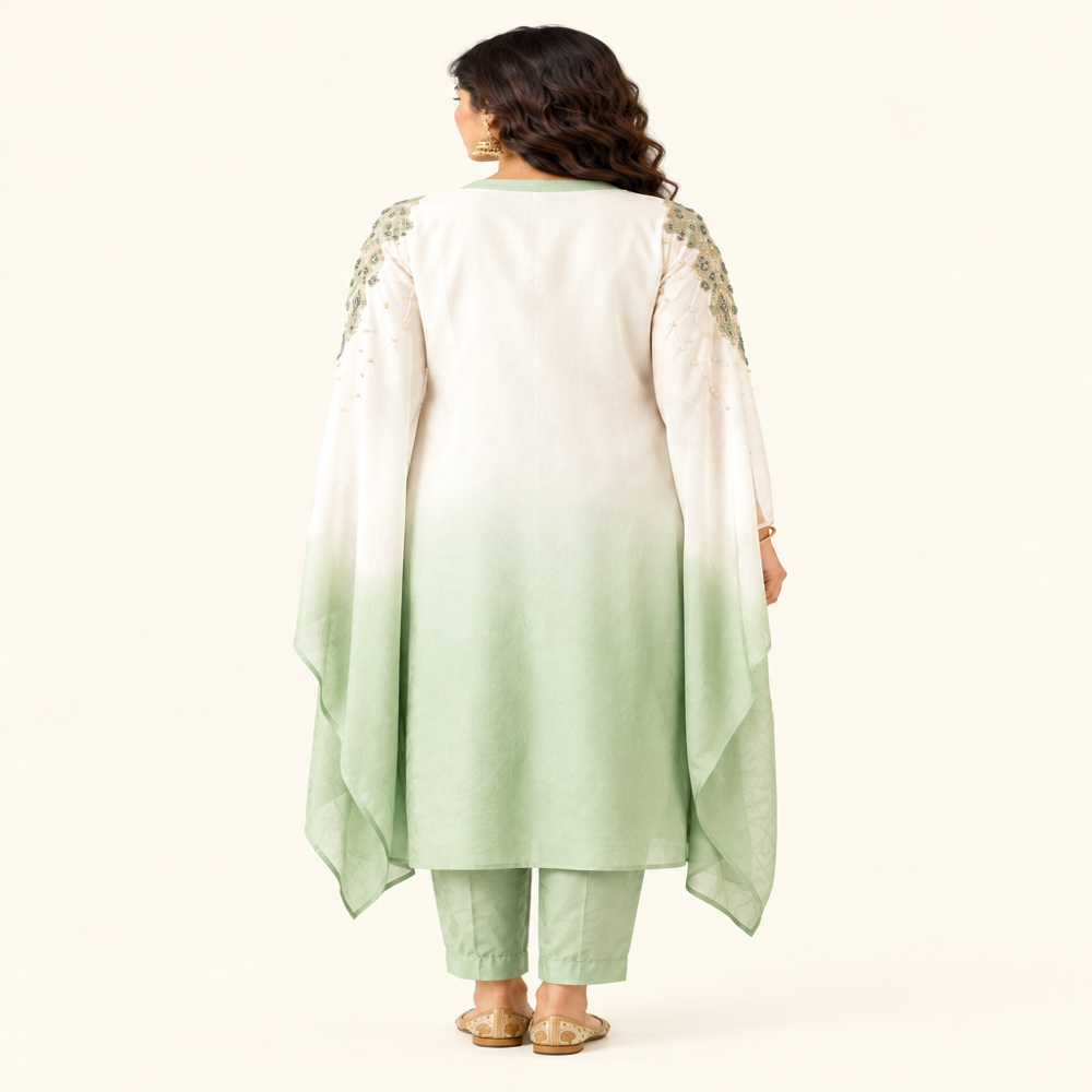 Ladies Sage Green And White Elegant Bead Work Kaftan With Pant