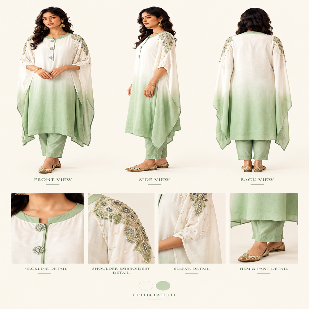 Ladies Sage Green And White Elegant Bead Work Kaftan With Pant