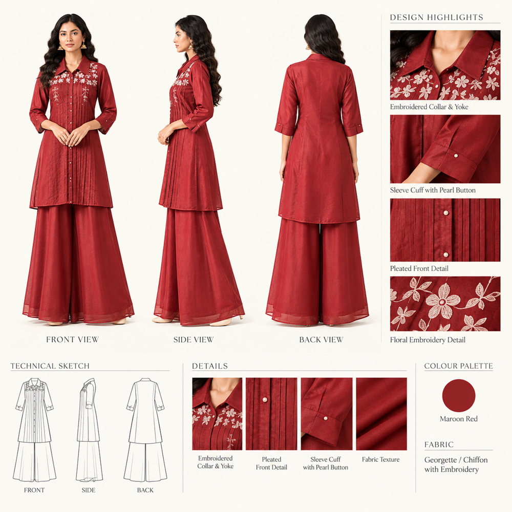 Elegant Maroon Co-ord Set With Sharara