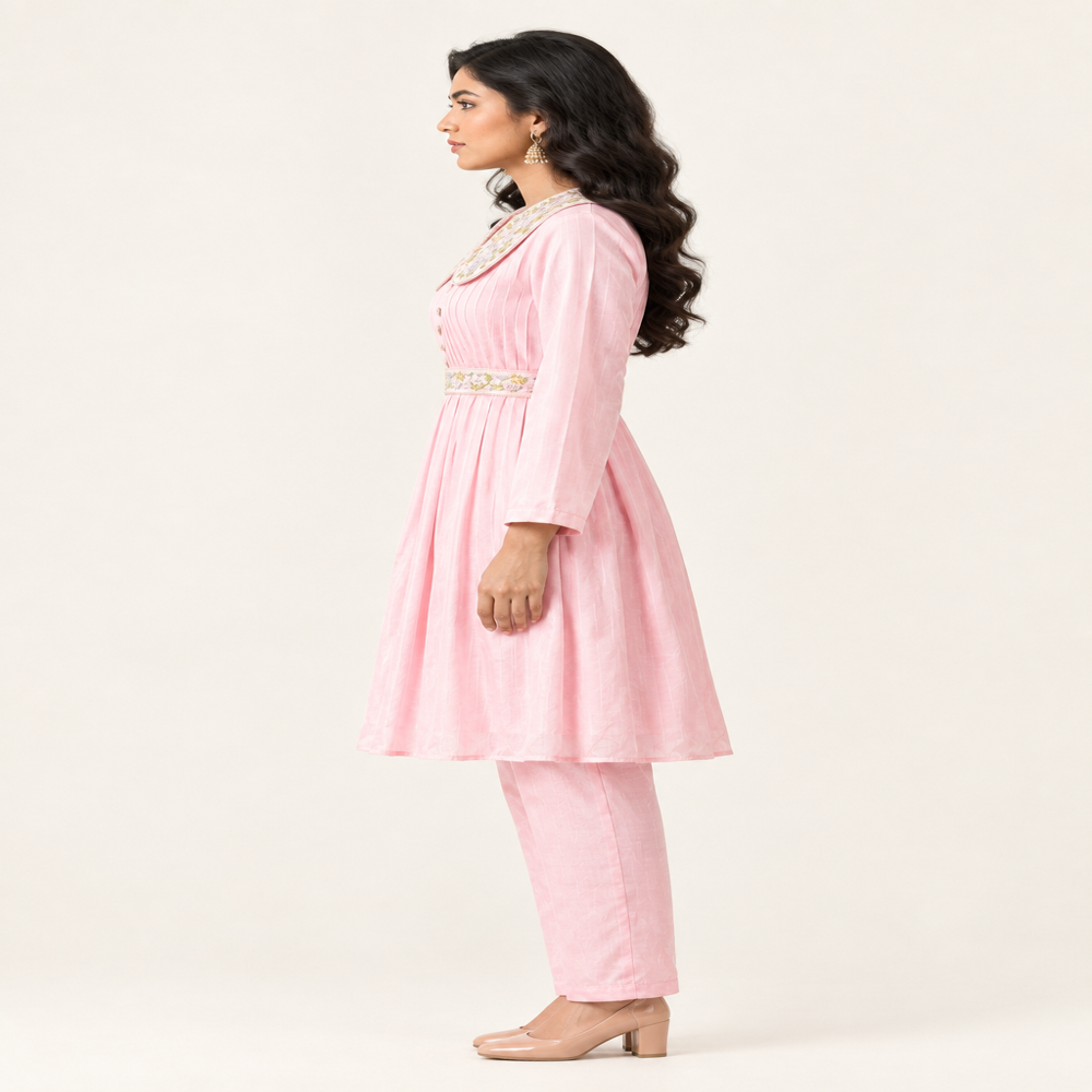 Anarkali Style Embroidery Dress With Pintucks On The Top And Fancy Collar
