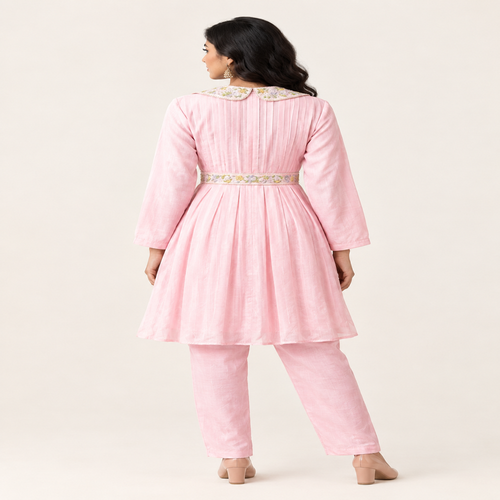 Anarkali Style Embroidery Dress With Pintucks On The Top And Fancy Collar