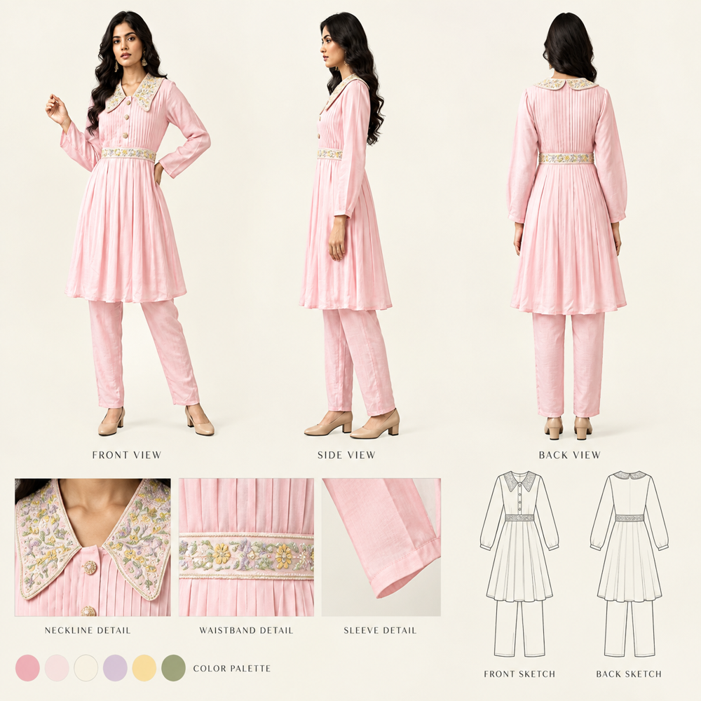 Anarkali Style Embroidery Dress With Pintucks On The Top And Fancy Collar