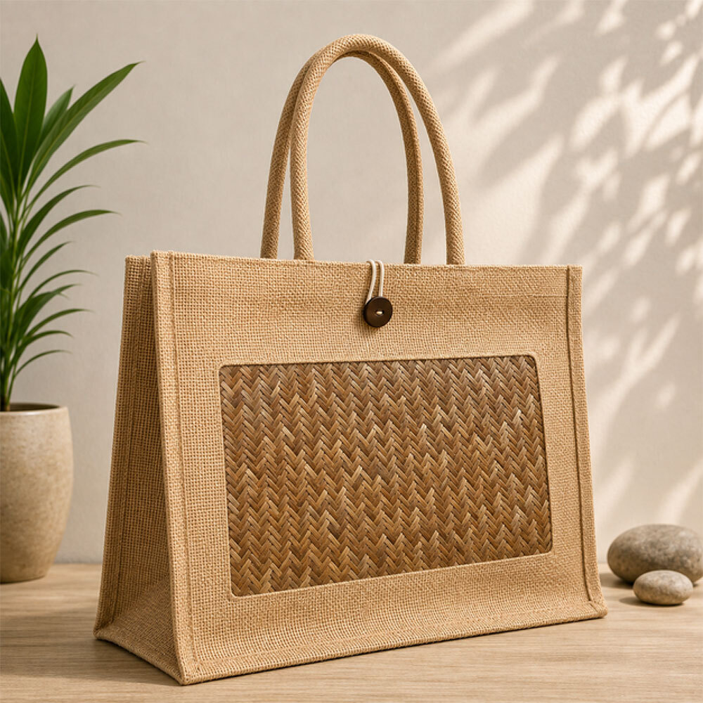 Jute Shopping Bag with Shital Patti Window with Top Button Loop Closure