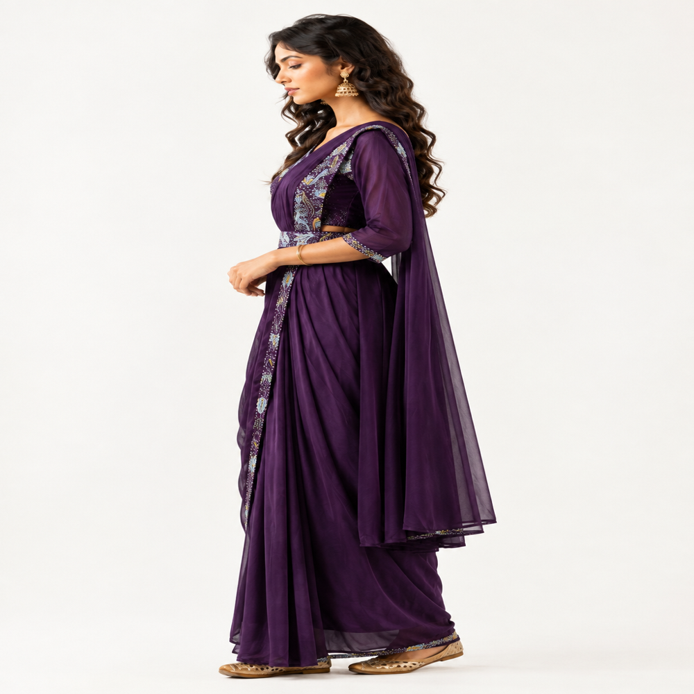 Ladies Indo Western Sequence Work Saree With Blouse