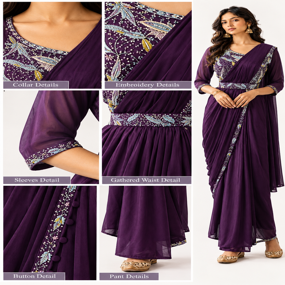 Ladies Indo Western Sequence Work Saree With Blouse