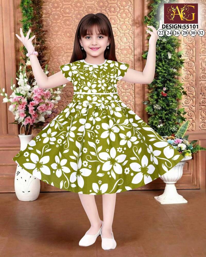 55101 Green Printed Frock
