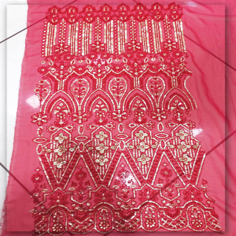 Red Beaded Georgette Fabric with Gold Sequin Work by Fabric Diary