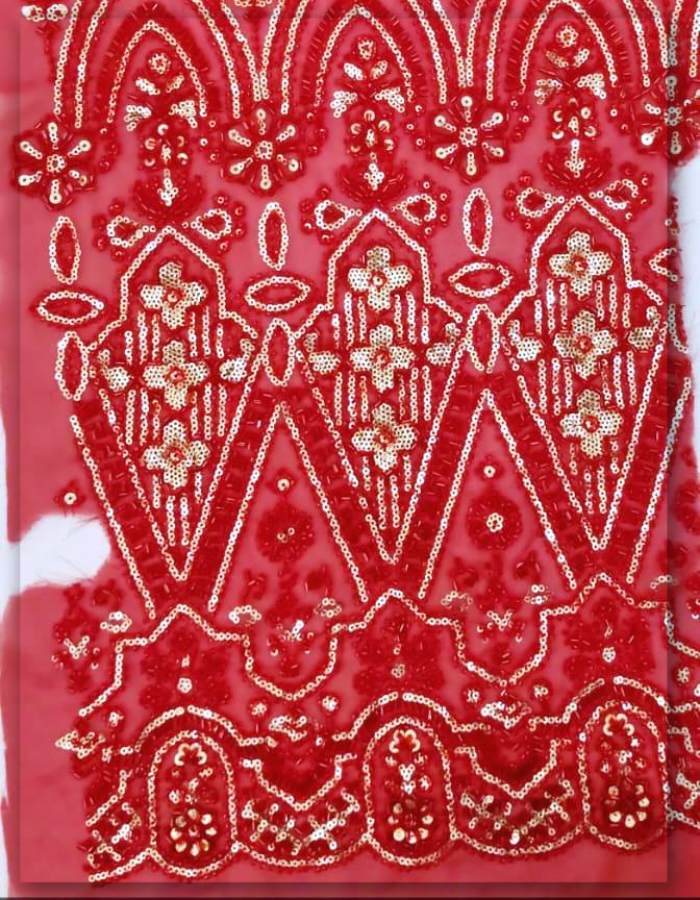 Red Beaded Georgette Fabric with Gold Sequin Work by Fabric Diary