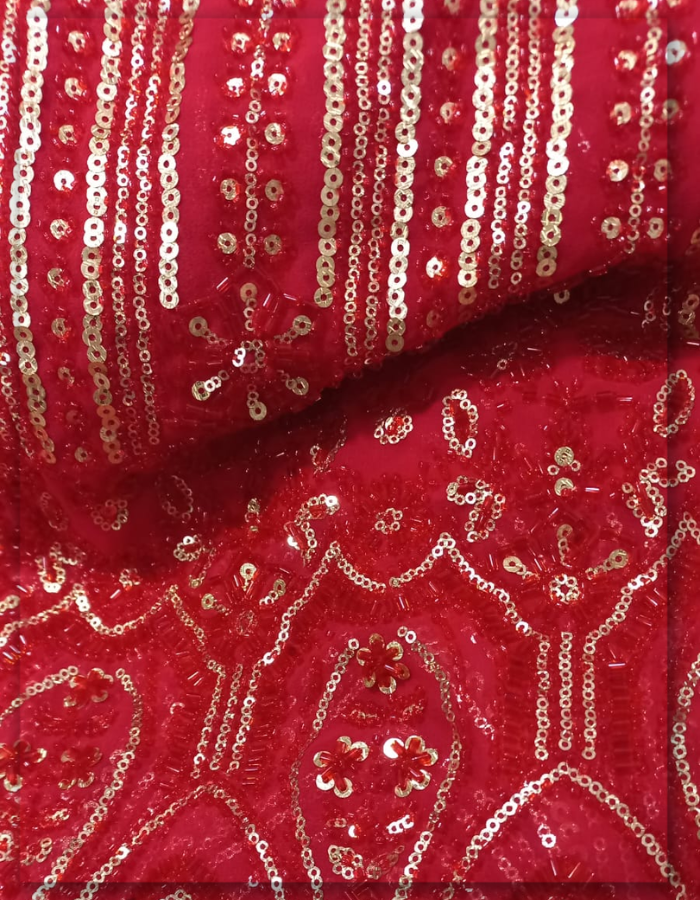 Red Beaded Georgette Fabric with Gold Sequin Work by Fabric Diary