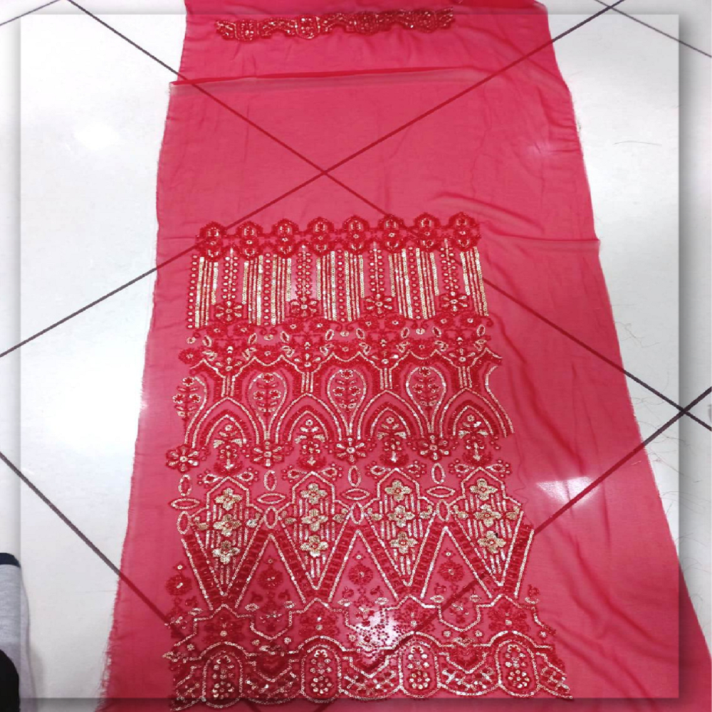 Red Beaded Georgette Fabric with Gold Sequin Work by Fabric Diary