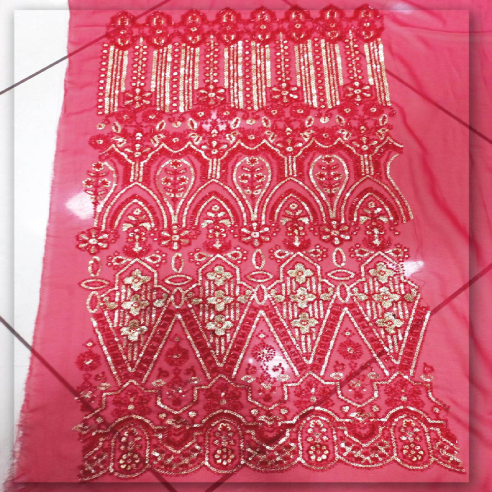 Red Beaded Georgette Fabric with Gold Sequin Work by Fabric Diary