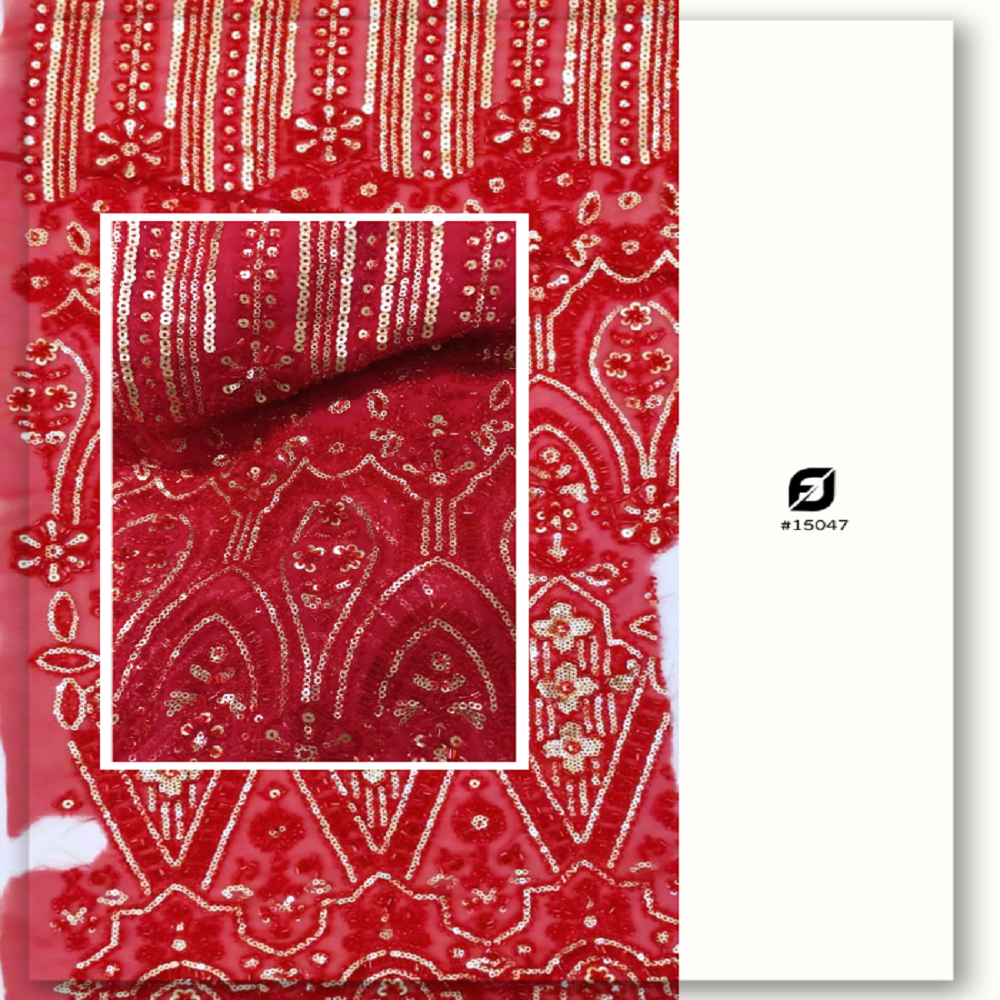Red Beaded Georgette Fabric with Gold Sequin Work by Fabric Diary