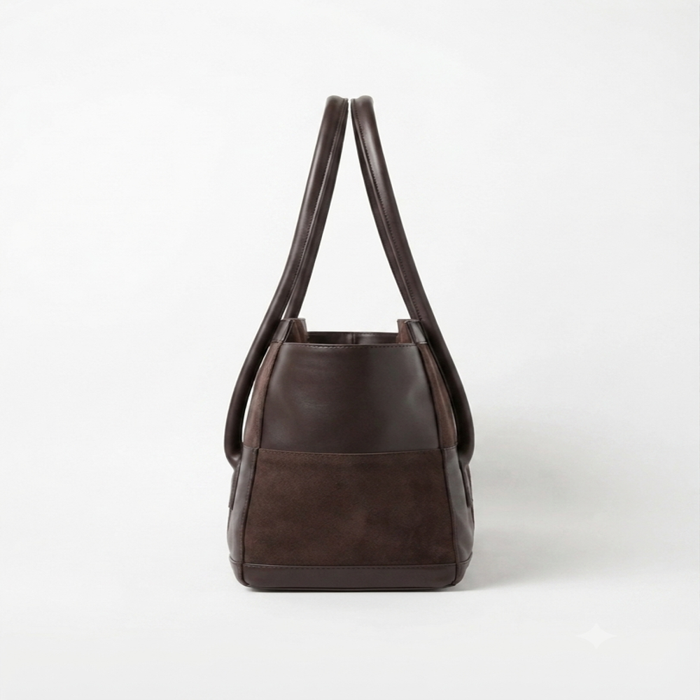 Pu & Suede Patchwork Handbag Tote - Color: Black/brown