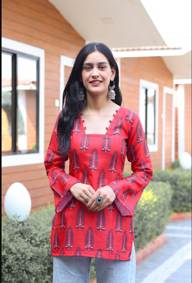 Red Lace-Up Back Corset Kurti