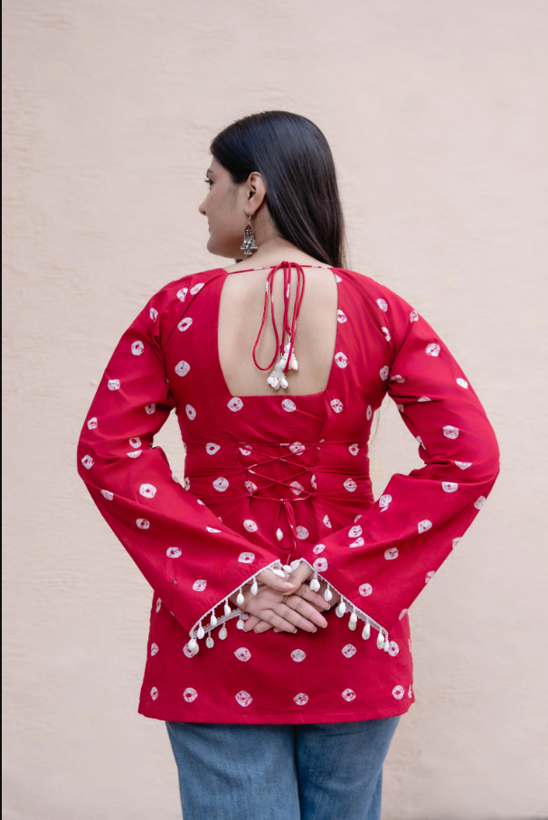 Red Lace-Up Back Corset Kurti