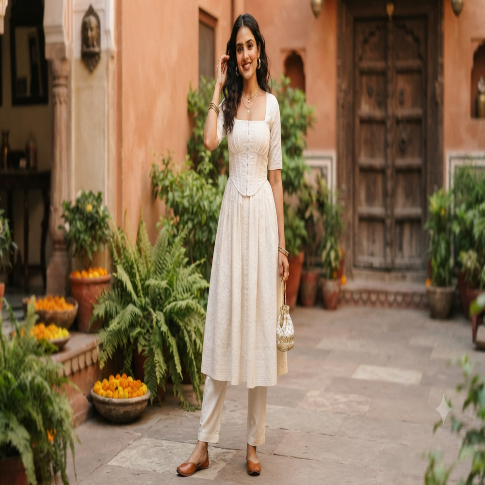 White Square Neck Corset Kurti
