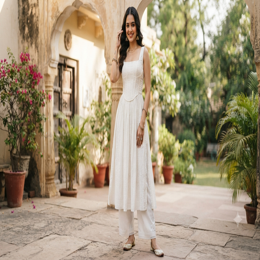 White Square Neck Corset Kurti