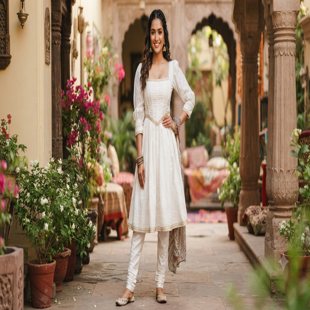 White Square Neck Corset Kurti