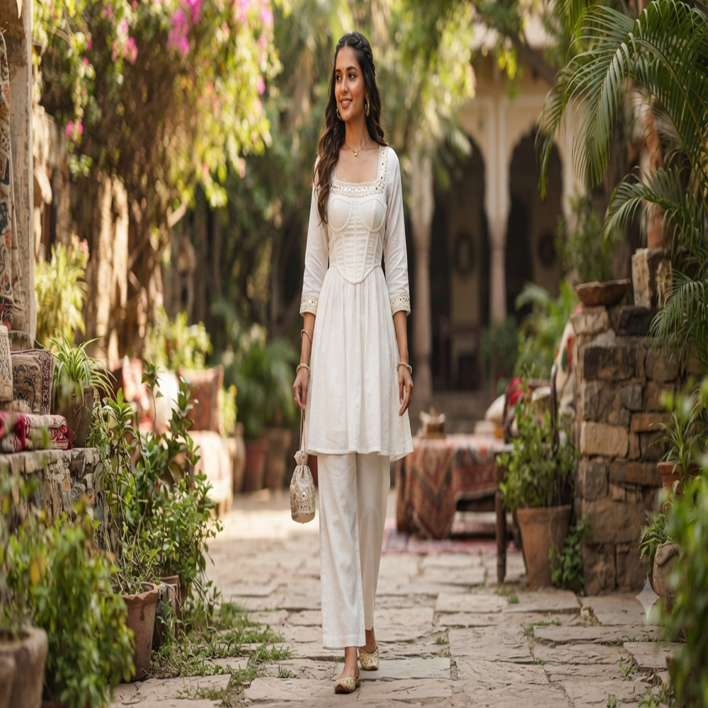 White Square Neck Corset Kurti