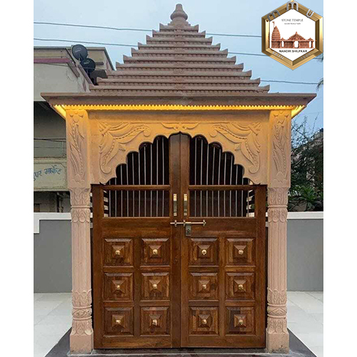 Outdoor Stone Temple - Color: Sandstone Beige With Polished Brown Wood