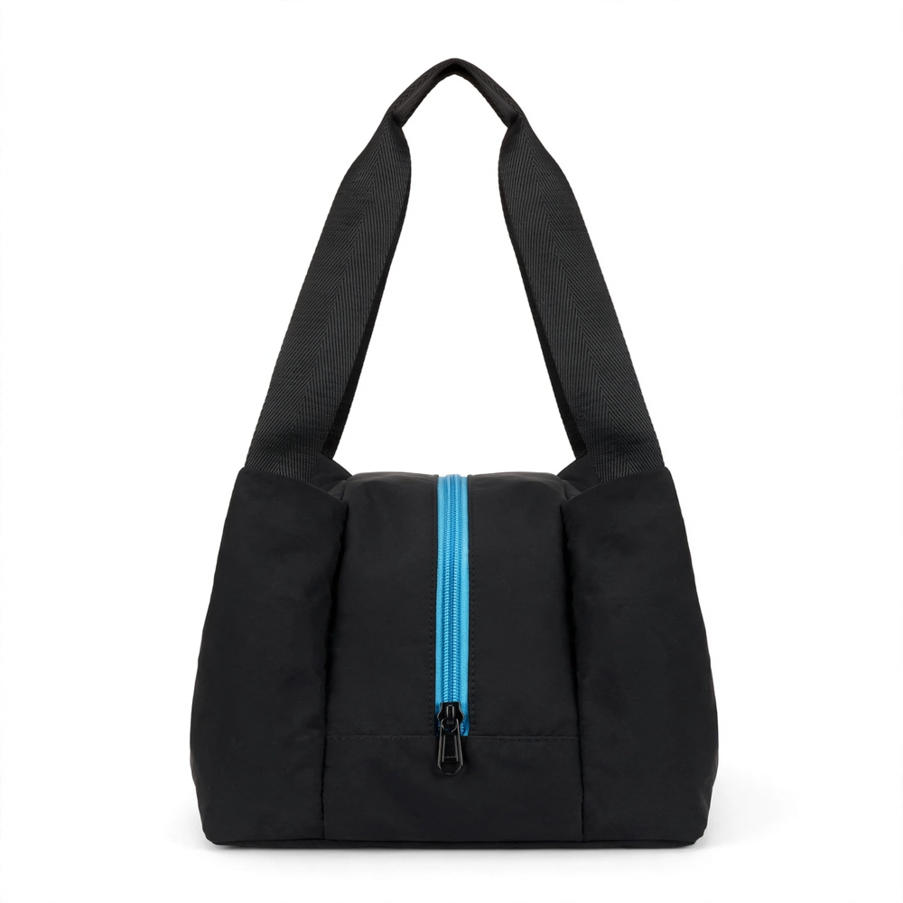 Black semicircle tiffin bag with blue zip