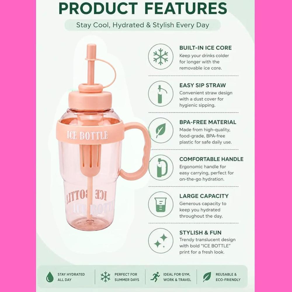 Ice Cream Theme Sipper Bottle 1200ml BPA-Free Leakproof Straw Water Bottle with Handle